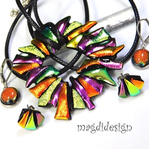 MAXI narancs-arany-rózsaszín dichroic üvegékszer szett nyaklánc fülbevaló  - ékszer - ékszerszett - Meska.hu