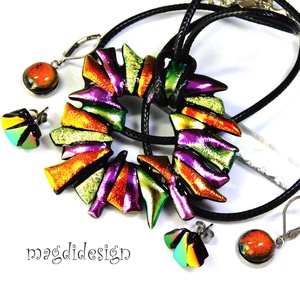 MAXI narancs-arany-rózsaszín dichroic üvegékszer szett nyaklánc fülbevaló  - ékszer - ékszerszett - Meska.hu
