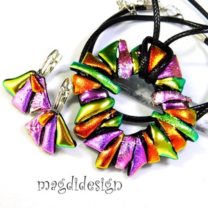 MAXI narancs-arany-rózsaszín dichroic üvegékszer szett nyaklánc kapcsos fülbevaló  - Meska.hu