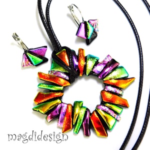 MAXI narancs-arany-rózsaszín dichroic üvegékszer szett nyaklánc kapcsos fülbevaló 1 - Meska.hu