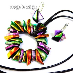 MAXI narancs-arany-rózsaszín dichroic üvegékszer szett nyaklánc kapcsos fülbevaló 1 - ékszer - ékszerszett - Meska.hu