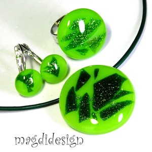 Csillámos zöld villanás üvegékszer szett, nyaklánc, gyűrű, fülbevaló - ékszer - ékszerszett - Meska.hu