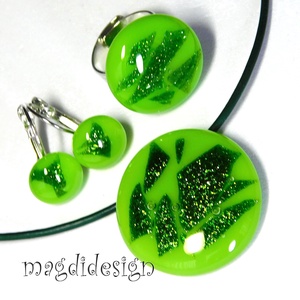 Csillámos zöld villanás üvegékszer szett, nyaklánc, gyűrű, fülbevaló - ékszer - ékszerszett - Meska.hu