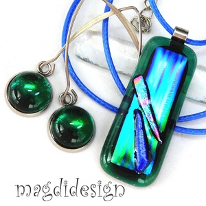 Türkiz-kék színátmenet üvegékszer szett, nyaklánc, lógó fülbevaló - Meska.hu