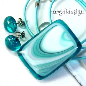 Türkizes hullámzás, üvegékszer szett nyaklánc pötty fülbevaló 1 - ékszer - ékszerszett - Meska.hu