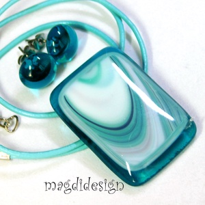 Türkizes hullámzás, üvegékszer szett nyaklánc pötty fülbevaló  - ékszer - ékszerszett - Meska.hu