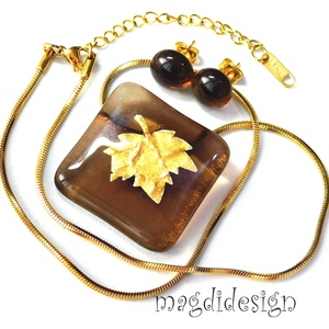 Zizegő arany dichroic levél kávéban üvegékszer szett, nyaklánc, fülbevaló  - ékszer - ékszerszett - Meska.hu
