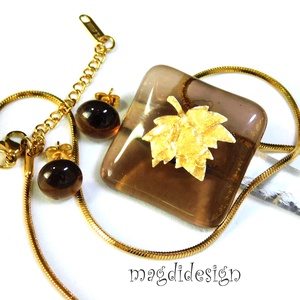Zizegő arany dichroic levél kávéban üvegékszer szett, nyaklánc, fülbevaló  - ékszer - ékszerszett - Meska.hu