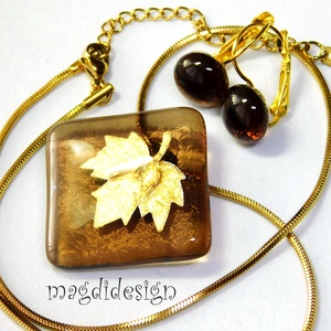 Zizegő arany dichroic levél kávéban üvegékszer szett, nyaklánc, karkötő, fülbevaló  - ékszer - ékszerszett - Meska.hu