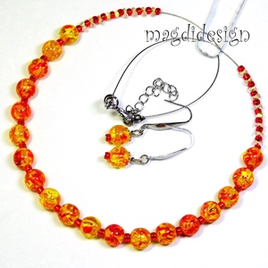 Tüzes napsúgár gyöngyékszer szett nyaklánc fülbevaló, Ékszer, Ékszerszett, Ékszerkészítés, Gyöngyfűzés, gyöngyhímzés, MESKA