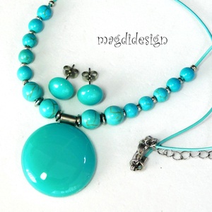 Türkiz ásványköves üvegékszer szett nyaklánc stiftes fülbevaló, Ékszer, Ékszerszett, Ékszerkészítés, Gyöngyfűzés, gyöngyhímzés, MESKA