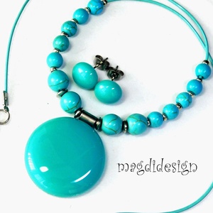 Türkiz ásványköves üvegékszer szett nyaklánc stiftes fülbevaló - ékszer - ékszerszett - Meska.hu