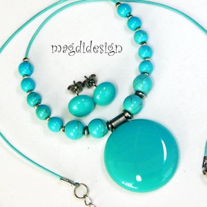 Türkiz ásványköves üvegékszer szett nyaklánc stiftes fülbevaló - ékszer - ékszerszett - Meska.hu