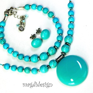 Türkiz ásványköves üvegékszer szett nyaklánc stiftes fülbevaló - ékszer - ékszerszett - Meska.hu