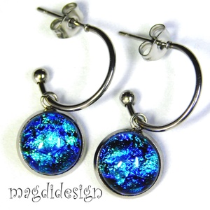 Kék csillámtenger dichroic üvegékszer stiftes lógós nemesacél fülbevaló, Ékszer, Fülbevaló, Lógó fülbevaló, Ékszerkészítés, Üvegművészet, MESKA