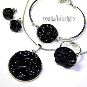  Fekete tenger hullámok üvegékszer szett, nyaklánc, karkötő, gyűrű, fülbevaló - ékszer - ékszerszett - Meska.hu