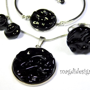  Fekete tenger hullámok üvegékszer szett, nyaklánc, karkötő, gyűrű, fülbevaló - ékszer - ékszerszett - Meska.hu