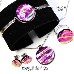 Pink-arany hullámok üvegékszer szett, nyaklánc, karkötő, gyűrű, fülbevaló - ékszer - ékszerszett - Meska.hu