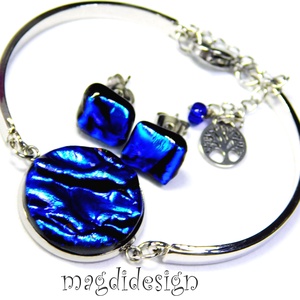 Királykék üvegékszer szett karkötő, stiftes fülbevaló, Ékszer, Ékszerszett, Ékszerkészítés, Üvegművészet, MESKA
