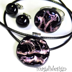 Beige fekete galaxis üvegékszer szett, nyaklánc, gyűrű, pötty fülbevaló - ékszer - ékszerszett - Meska.hu