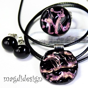 Beige fekete galaxis üvegékszer szett, nyaklánc, gyűrű, pötty fülbevaló - ékszer - ékszerszett - Meska.hu