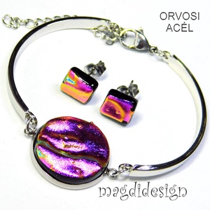 Pink-arany hullámok üvegékszer szett, karkötő,  fülbevaló - ékszer - ékszerszett - Meska.hu