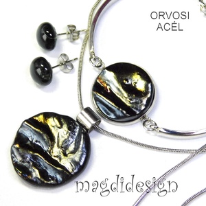 Ezüstös óarany üvegékszer szett nyaklánc karkötő, stiftes fülbevaló - Meska.hu