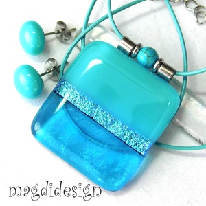 Türkiz-kék színtrió üvegékszer szett nyaklánc stiftes fülbevaló, Ékszer, Ékszerszett, Ékszerkészítés, Üvegművészet, MESKA
