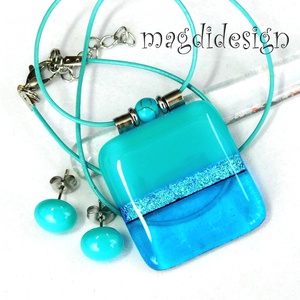 Türkiz-kék színtrió üvegékszer szett nyaklánc stiftes fülbevaló - ékszer - ékszerszett - Meska.hu
