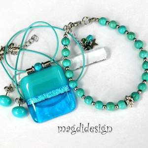 Türkiz-kék színtrió üvegékszer szett nyaklánc stiftes fülbevaló - ékszer - ékszerszett - Meska.hu
