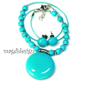 Türkiz ásványgyöngyös üvegékszer szett nyaklánc stiftes fülbevaló - ékszer - ékszerszett - Meska.hu