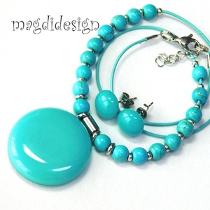 Türkiz ásványgyöngyös üvegékszer szett nyaklánc stiftes fülbevaló - ékszer - ékszerszett - Meska.hu