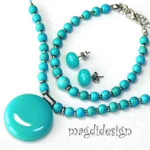 Türkiz ásványgyöngyös üvegékszer szett nyaklánc stiftes fülbevaló - ékszer - ékszerszett - Meska.hu