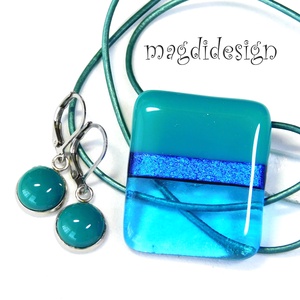 Türkiz színtrió üvegékszer szett nyaklánc kapcsos fülbevaló , Ékszer, Ékszerszett, Ékszerkészítés, Üvegművészet, MESKA