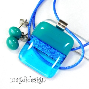 Türkiz színtrió üvegékszer szett nyaklánc kapcsos fülbevaló  - ékszer - ékszerszett - Meska.hu