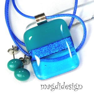 Türkiz színtrió üvegékszer szett nyaklánc stiftes fülbevaló , Ékszer, Ékszerszett, Ékszerkészítés, Üvegművészet, MESKA