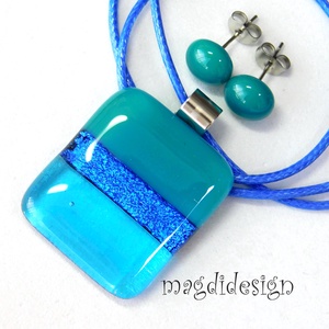 Türkiz színtrió üvegékszer szett nyaklánc stiftes fülbevaló  - ékszer - ékszerszett - Meska.hu