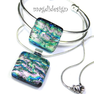 Rózsaszín-kék-ezüst dichroic üvegékszer szett nyaklánc,  karkötő - Meska.hu