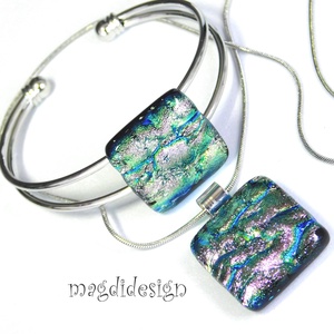 Rózsaszín-kék-ezüst dichroic üvegékszer szett nyaklánc,  karkötő - ékszer - ékszerszett - Meska.hu
