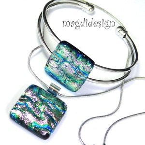Rózsaszín-kék-ezüst dichroic üvegékszer szett nyaklánc,  karkötő - ékszer - ékszerszett - Meska.hu