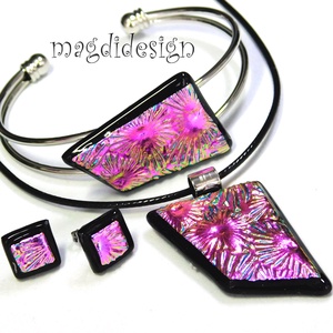 Pink tűzijáték dichroic üvegékszer szett nyaklánc, karkötő,  stiftes fülbevaló  - Meska.hu
