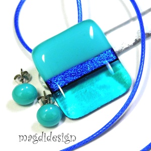 Türkiz-kék színtrió üvegékszer szett nyaklánc stiftes fülbevaló, Ékszer, Ékszerszett, Ékszerkészítés, Üvegművészet, MESKA