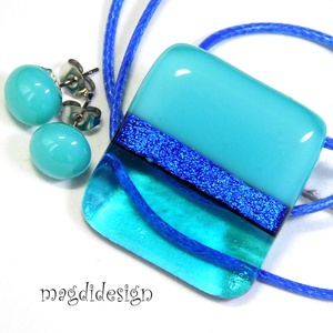 Türkiz-kék színtrió üvegékszer szett nyaklánc stiftes fülbevaló - ékszer - ékszerszett - Meska.hu