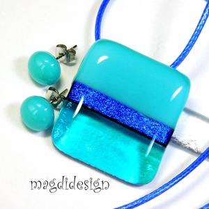 Türkiz-kék színtrió üvegékszer szett nyaklánc stiftes fülbevaló - ékszer - ékszerszett - Meska.hu