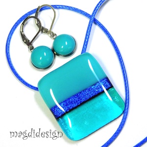 Türkiz-kék színtrió üvegékszer szett nyaklánc stiftes fülbevaló - ékszer - ékszerszett - Meska.hu