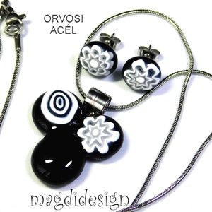 Fekete-fehér bogyós színtrió üvegékszer szett nyaklánc stiftes fülbevaló, Ékszer, Ékszerszett, Ékszerkészítés, Üvegművészet, MESKA
