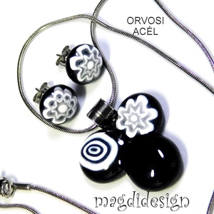 Fekete-fehér bogyós színtrió üvegékszer szett nyaklánc stiftes fülbevaló - ékszer - ékszerszett - Meska.hu
