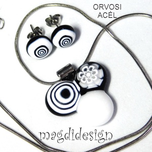 Fekete-fehér bogyós színtrió üvegékszer szett nyaklánc stiftes fülbevaló - ékszer - ékszerszett - Meska.hu