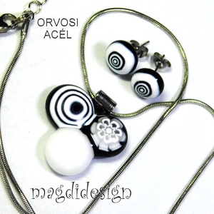 Fekete-fehér bogyós színtrió üvegékszer szett nyaklánc stiftes fülbevaló 1 - ékszer - ékszerszett - Meska.hu