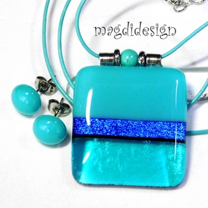 Türkiz-kék színtrió üvegékszer szett nyaklánc stiftes fülbevaló 2, Ékszer, Ékszerszett, Ékszerkészítés, Üvegművészet, MESKA